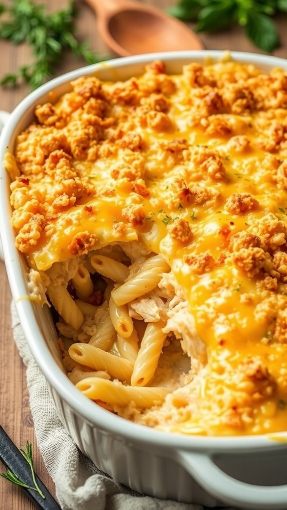 Cheesy Rotisserie Chicken Casserole Cheesy rotisserie chicken casserole in a baking dish, topped with breadcrumbs and melted cheese.
